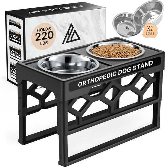 Large Dog Bowls Elevated, 4 Height Adjustable Raised Dog Bowl Stand with 2 Stainless Steel Food and Water Bowls Set, Tall Dogs Feeding Station with Anti-Slip Base for Medium Large Breeds Dogs